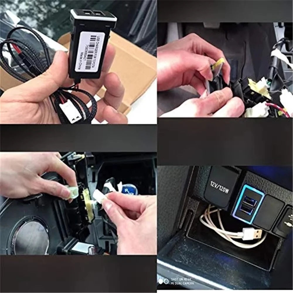 QC3.0 Dual USB Port Blue LED Light Car Charger Socket Adapter Phone Charging Modification Accessory for Toyota (Cigarette Lighter Wiring Connection) - 6