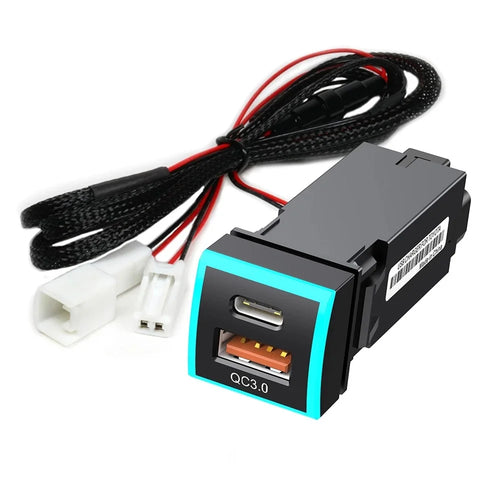 22x22mm Type-C USB QC3.0 LED Light Car Charger Socket Fast Charging Vehicle Modification Accessory for Toyota Corolla Camry (Cigarette Lighter Wiring Connection) - 1