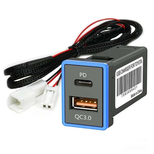Type-C PD USB QC3.0 Dual Port LED Light Car Charger Socket Fast Charging Modification Accessory for Toyota (Cigarette Lighter Wiring Connection) - 1