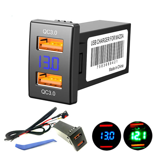 Dual Port USB QC3.0 Car Charger Socket Voltmeter Fast Charging Adapter Modification Accessory for Mazda - 1