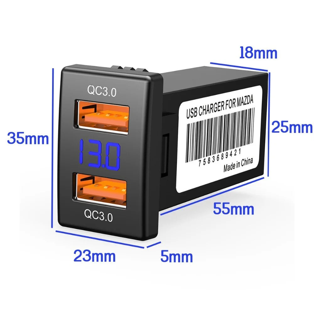 Dual Port USB QC3.0 Car Charger Socket Voltmeter Fast Charging Adapter Modification Accessory for Mazda - 7