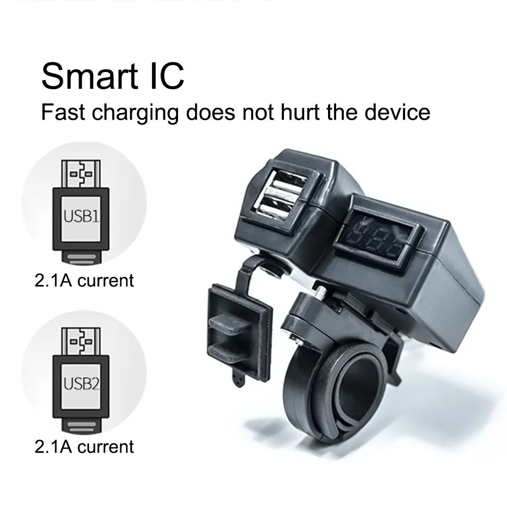 KAAWAZONO Motorcycle Handlebar Dual USB Mobile Phone Charger Electric Motorcycle 2.1A Fast Charge Adapter with Switch - 3