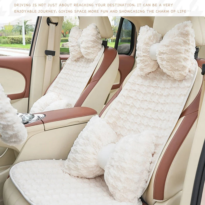 2Pcs Soft Plush Car Front Seat Mat + 2pcs Non-slip Backrest Cushion Cover - Beige - 3