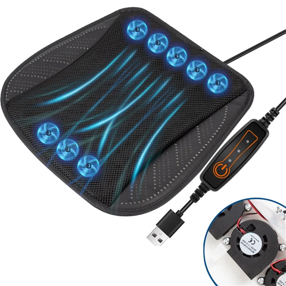 USB Car Seat Summer Cooler Breathable Ice Silk Seat Cushion ( Built-In 8 Fans) - Black - 1