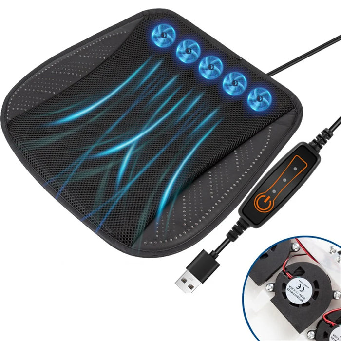 USB Powered Summer Breathable Car Seat Cushion Built-in 5 Fans Seat Cooling Mat - Black - 1