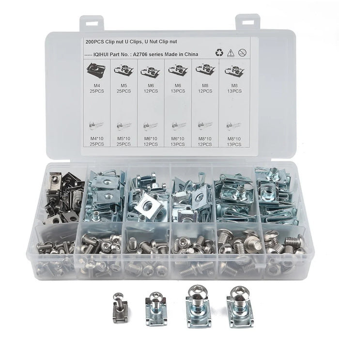 A2706 200Pcs M4 M5 M6 M8 Assorted Quick Clip Fastener U Nut and Bolt with Box - 1