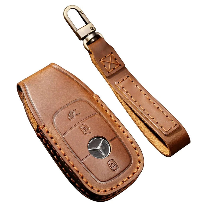 HALLMO C015 Anti-scratch Car Key Case for E300L, Genuine Cowhide Leather Protector Keychain Replacement - Brown - 1