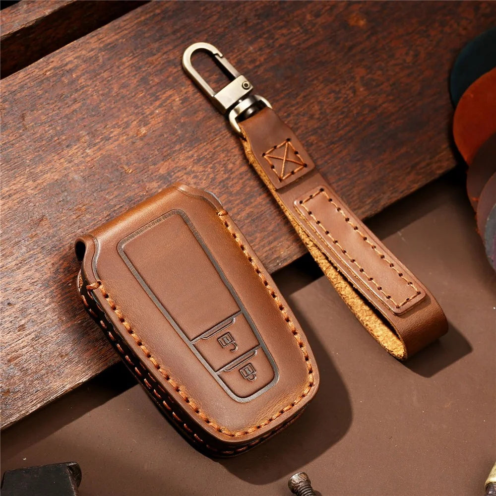 HALLMO Car Remote Key Cover for C005 18, Toyota 2-Keys Crazy Horse Cowhide Leather Protective Case - Brown - 2