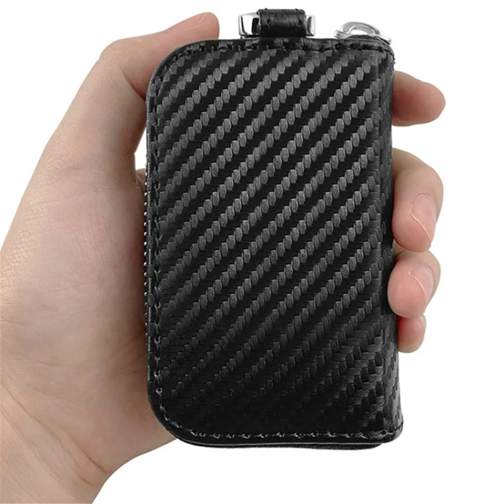 Carbon Fiber Leather Car Remote Key Protector RFID Signal Blocking Pouch Car Security Anti-Theft Bag - Black - 2
