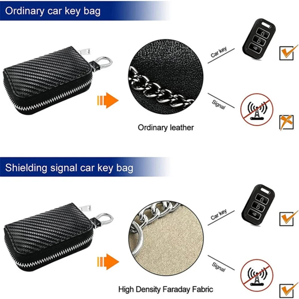 Carbon Fiber Leather Car Remote Key Protector RFID Signal Blocking Pouch Car Security Anti-Theft Bag - Black - 4
