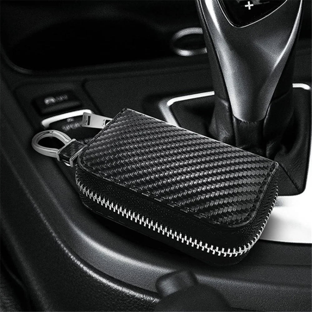 Carbon Fiber Leather Car Remote Key Protector RFID Signal Blocking Pouch Car Security Anti-Theft Bag - Black - 6