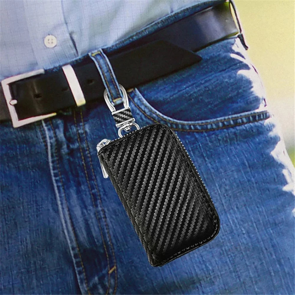 Carbon Fiber Leather Car Remote Key Protector RFID Signal Blocking Pouch Car Security Anti-Theft Bag - Black - 7