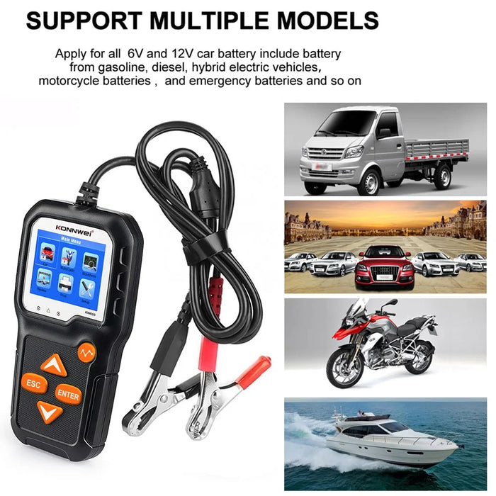 KONNWEI KW650 6-12V Car Motorcycle Battery Tester Charging Cranking Test Tool Battery Analyzer 100 to 2000 CCA - 3