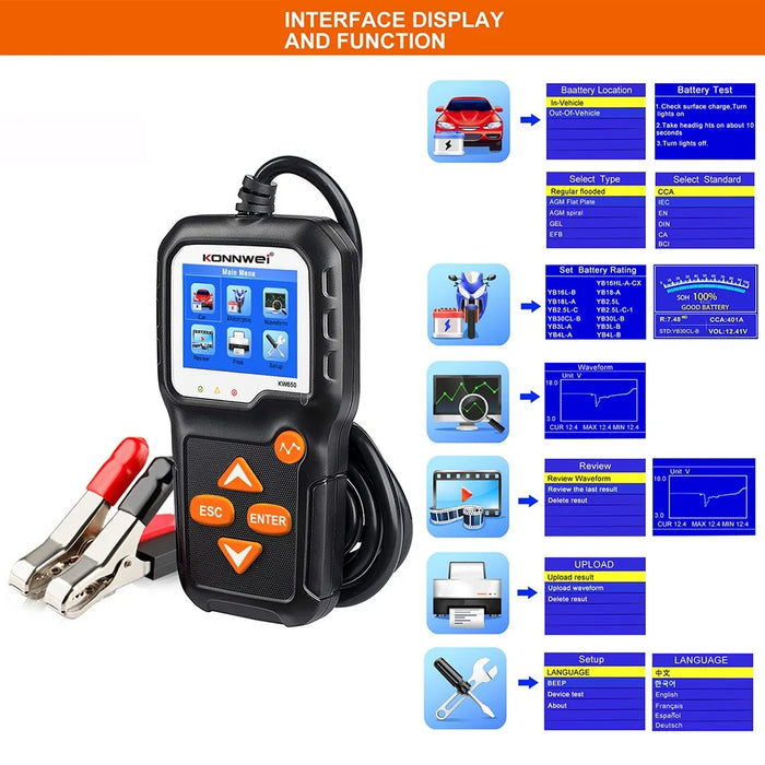 KONNWEI KW650 6-12V Car Motorcycle Battery Tester Charging Cranking Test Tool Battery Analyzer 100 to 2000 CCA - 4