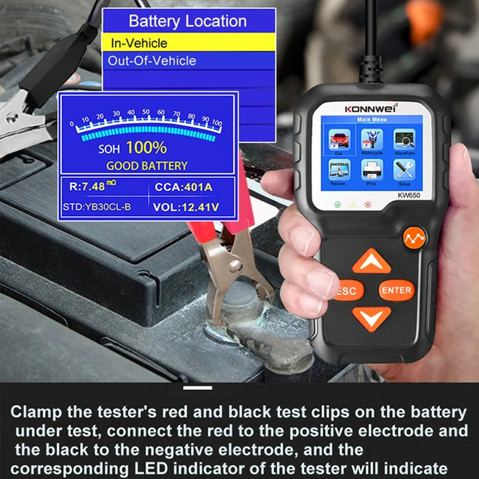 KONNWEI KW650 6-12V Car Motorcycle Battery Tester Charging Cranking Test Tool Battery Analyzer 100 to 2000 CCA - 5