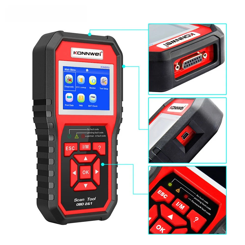 KONNWEI KW850 OBD2 Scanner Code Reader OBD II Automotive Scanner Car Diagnostic Scan Tool Check Engine Tool (Support 8 Languages) - Red - 3