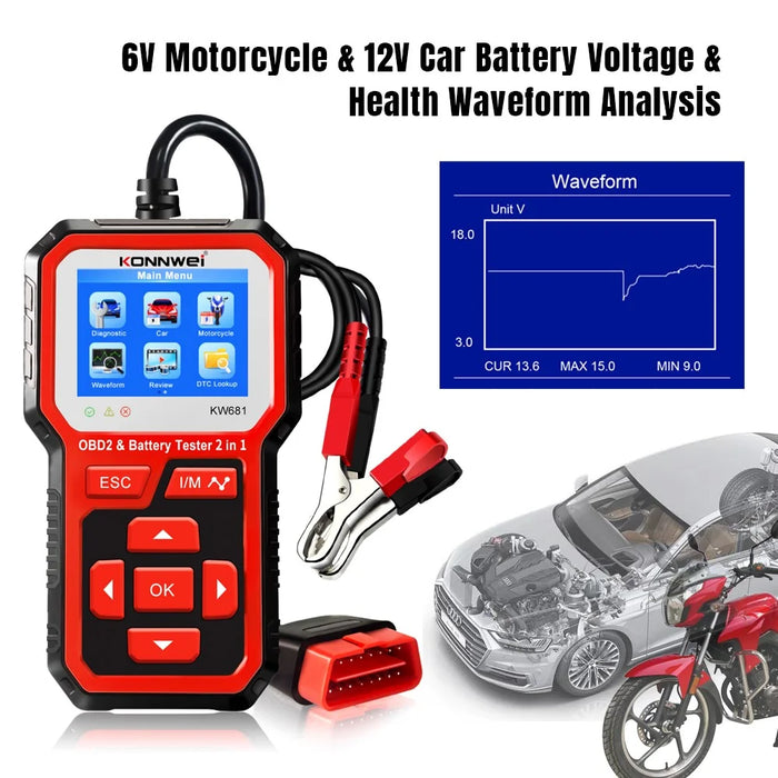 KONNWEI KW681 2 in 1 6-12V Car Battery Tester OBD2 Cars Fault Diagnosis Instrument Battery Analyzer - 3