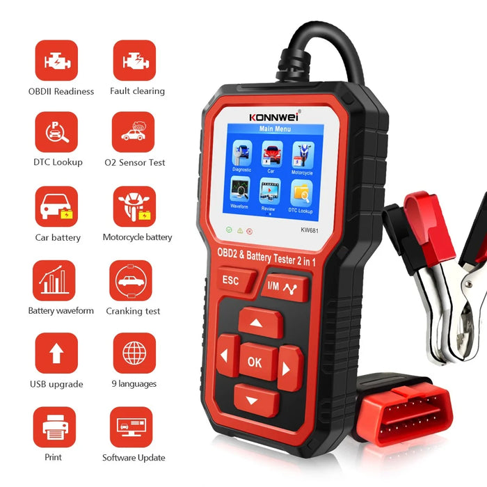 KONNWEI KW681 2 in 1 6-12V Car Battery Tester OBD2 Cars Fault Diagnosis Instrument Battery Analyzer - 5