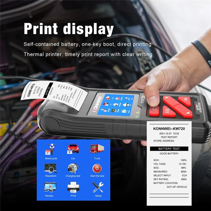 KONNWEI KW720 Automotive Battery Check Machine Automobile Battery Tester Battery Tester 6V 12V 24V Battery Load Tester with Printer - 4