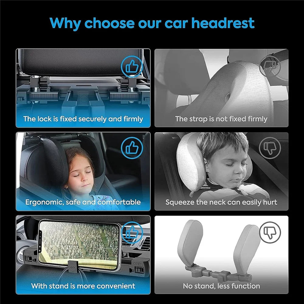 A05 Car Headrest Two Side Pillow Children Adult Car Seat Memory Foam Head Rest Cushion with Hook - Black - 4