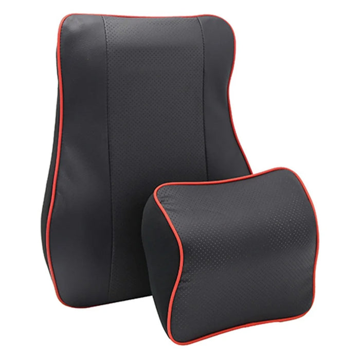 Car Headrest Memory Foam Breathable Car Neck Pillow + Back Cushion Lumbar Support - Black+Red - 1