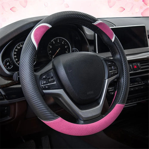 38cm Round Cute Rabbit Women Car Steering Wheel Cover Artificial Leather Anti-skid Steering Wheel Sleeve - Black+Rose - 1