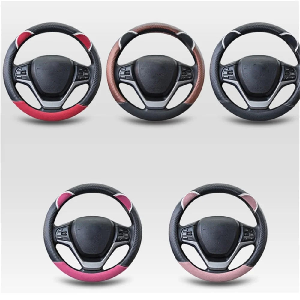 38cm Round Cute Rabbit Women Car Steering Wheel Cover Artificial Leather Anti-skid Steering Wheel Sleeve - Black+Rose - 7