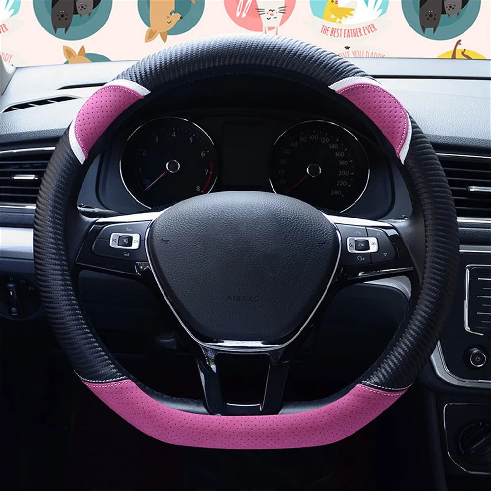 38cm D-shape Cute Rabbit Design Women Car Steering Wheel Cover Artificial Leather Anti-skid Sleeve - Black+Rose - 1
