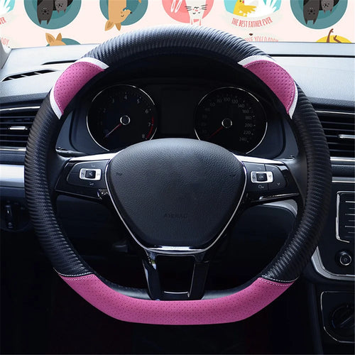 38cm D-shape Cute Rabbit Design Women Car Steering Wheel Cover Artificial Leather Anti-skid Sleeve - Black+Rose - 1