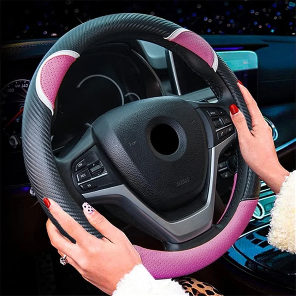 38cm D-shape Cute Rabbit Design Women Car Steering Wheel Cover Artificial Leather Anti-skid Sleeve - Black+Rose - 2