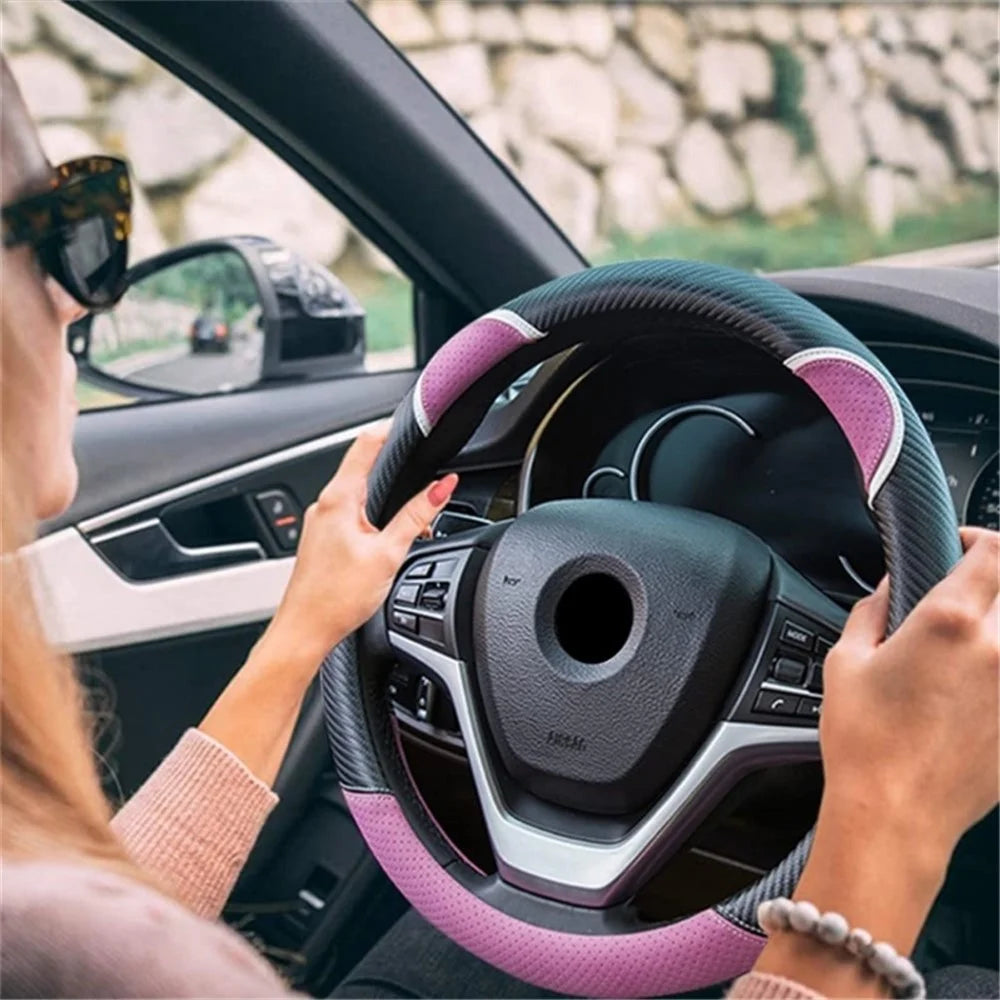 38cm D-shape Cute Rabbit Design Women Car Steering Wheel Cover Artificial Leather Anti-skid Sleeve - Black+Rose - 3