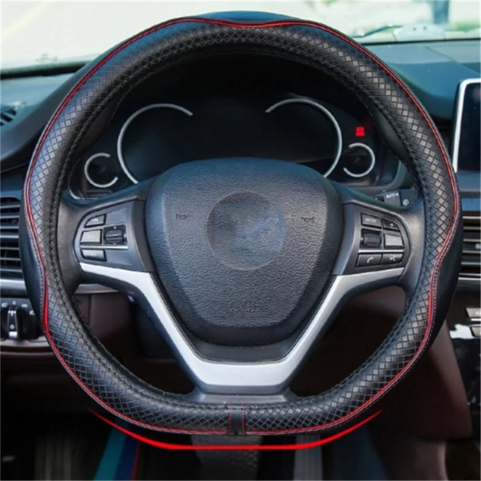 38cm Anti-Slip Embossing Genuine Cow Leather Car Steering Wheel Cover, D Type - Black+Red Edge - 1