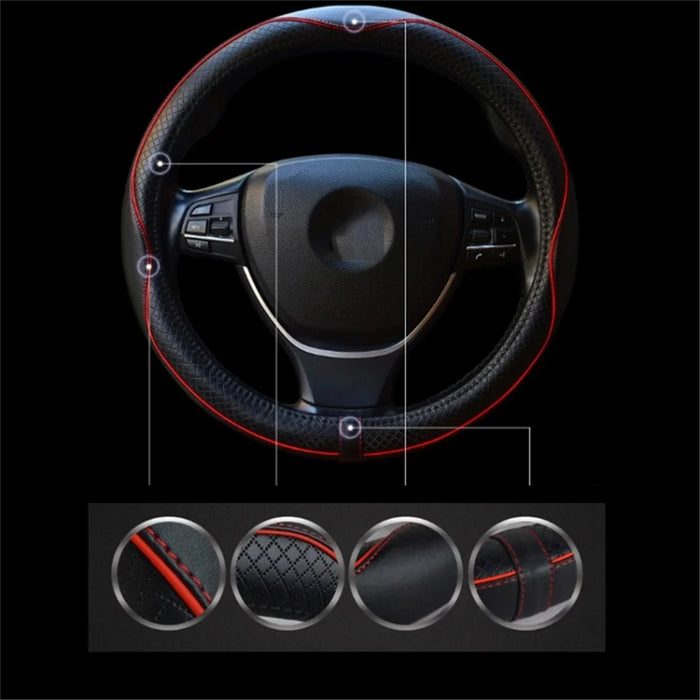 38cm Anti-Slip Embossing Genuine Cow Leather Car Steering Wheel Cover, D Type - Black+Red Edge - 2