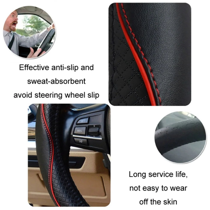 38cm Anti-Slip Embossing Genuine Cow Leather Car Steering Wheel Cover, D Type - Black+Red Edge - 3