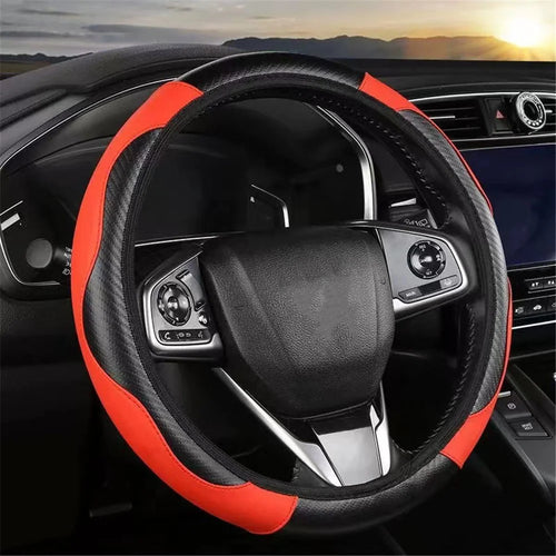 38cm Carbon Fiber Texture Car Steering Wheel Cover Leather Anti-skid Steering Wheel Sleeve - Red - 1