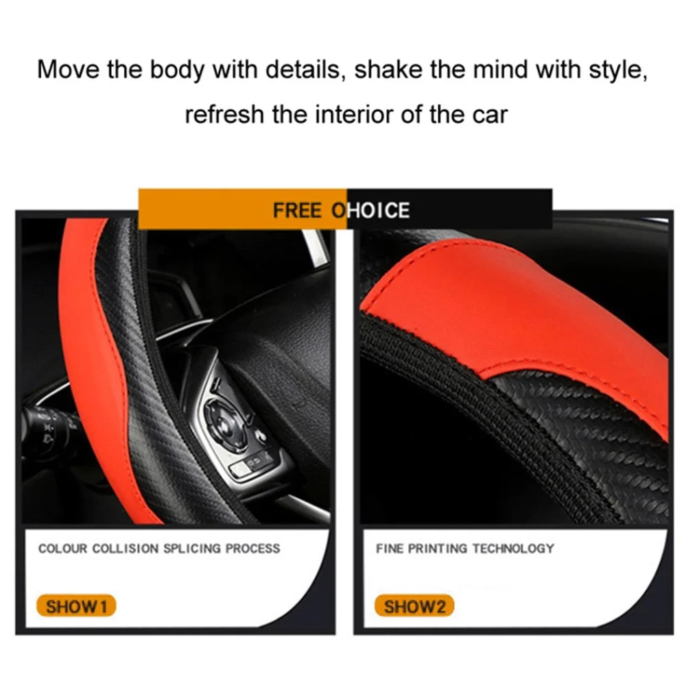 38cm Carbon Fiber Texture Car Steering Wheel Cover Leather Anti-skid Steering Wheel Sleeve - Red - 4
