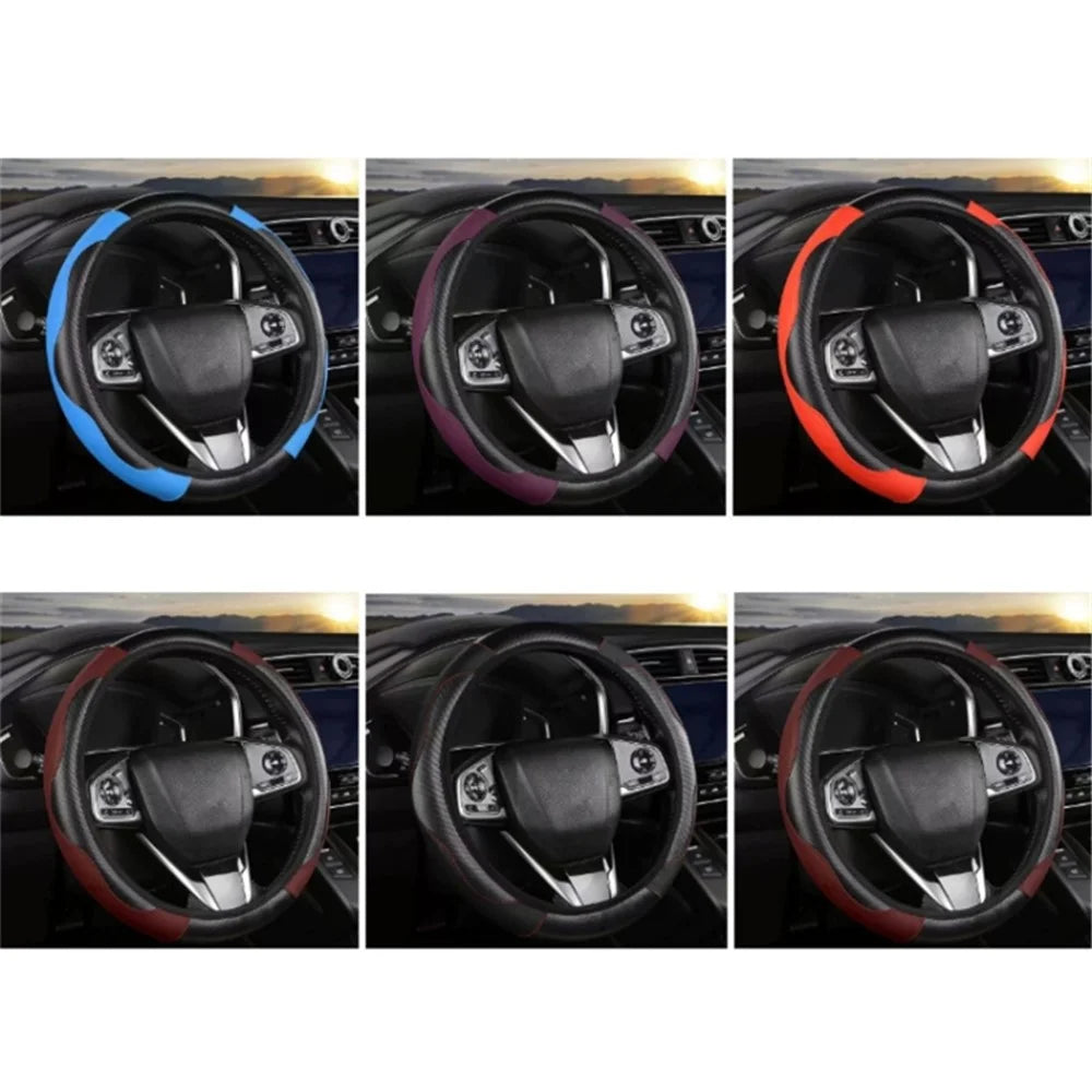 38cm Carbon Fiber Texture Car Steering Wheel Cover Leather Anti-skid Steering Wheel Sleeve - Red - 5
