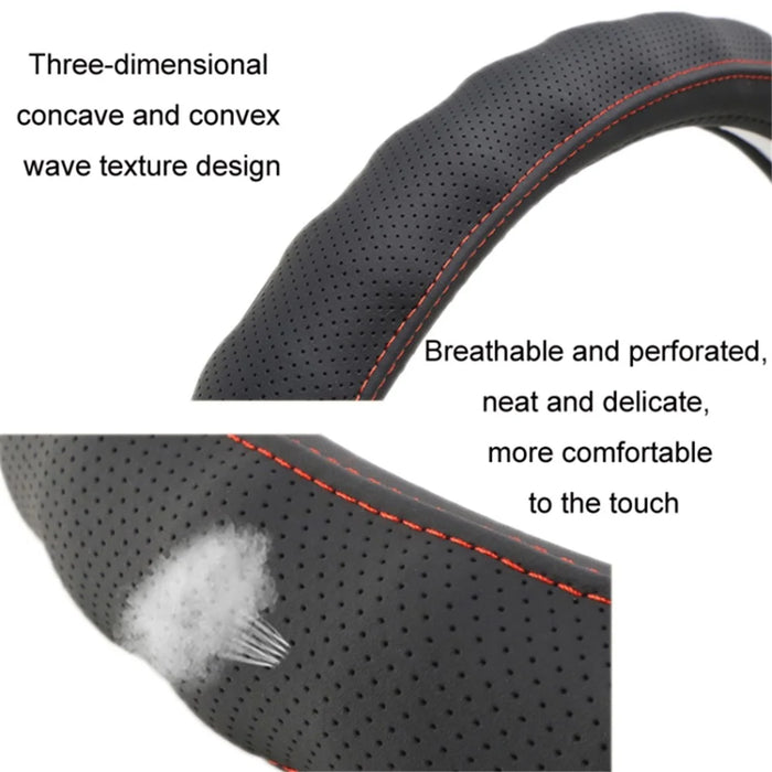 50CM Comfortable Touch Leather Sleeve Cover for Car Truck Steering Wheel - Black+Red Line - 3