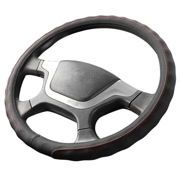 45CM Non-Slip Car Truck Leather Steering Wheel Cover Sleeve for Men and Women - Black+Red Line - 1