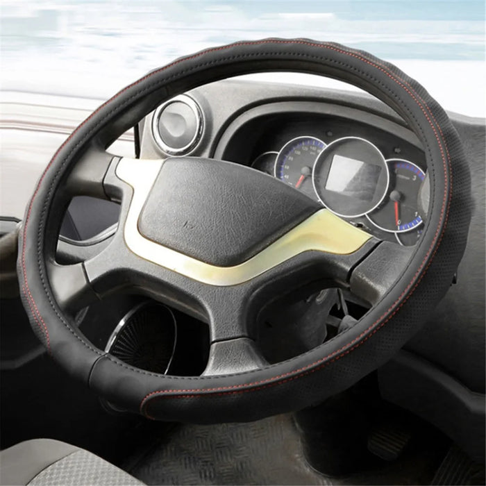 45CM Non-Slip Car Truck Leather Steering Wheel Cover Sleeve for Men and Women - Black+Red Line - 2