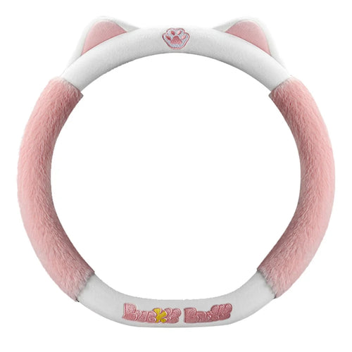 38cm Plush Steering Wheel Cover Cute Cat Non-Slip Car Steering Wheel Protector for Winter Warm - Pink - 1