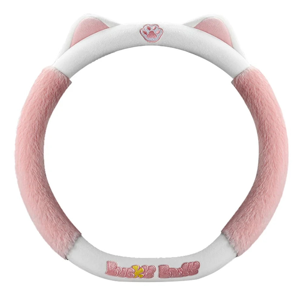 38cm Plush Steering Wheel Cover Cute Cat Non-Slip Car Steering Wheel Protector for Winter Warm - Pink - 1