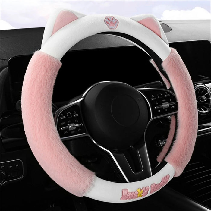 38cm Plush Steering Wheel Cover Cute Cat Non-Slip Car Steering Wheel Protector for Winter Warm - Pink - 2