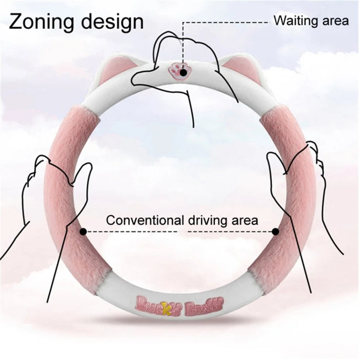 38cm Plush Steering Wheel Cover Cute Cat Non-Slip Car Steering Wheel Protector for Winter Warm - Pink - 7