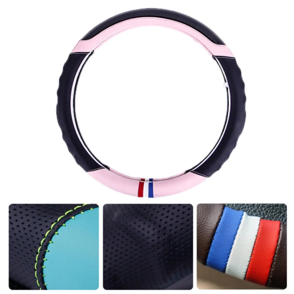 38CM O-Shaped Car Steering Wheel Cover Splicing Color Microfiber Leather Sleeve Protector - Pink - 2