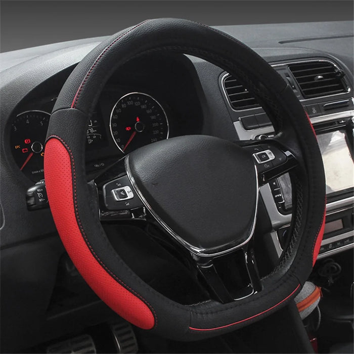 38cm D-shape Car Steering Wheel Cover Imitation Leather Anti-skid Steering Wheel Sleeve - Black+Red - 1
