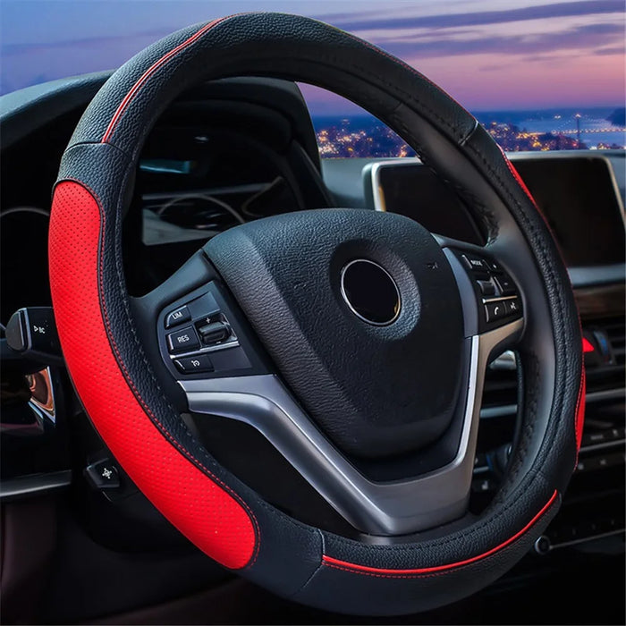 38cm Round Car Steering Wheel Cover Breathable Imitation Leather Steering Wheel Sleeve - Black+Red - 1