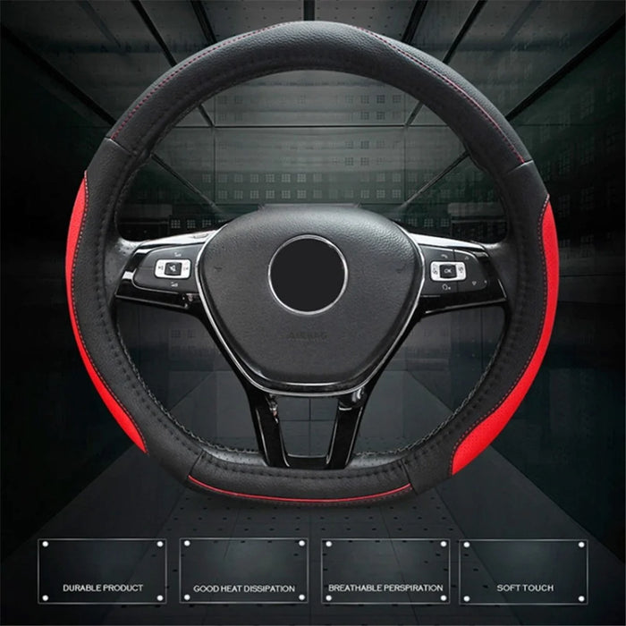 38cm Round Car Steering Wheel Cover Breathable Imitation Leather Steering Wheel Sleeve - Black+Red - 2