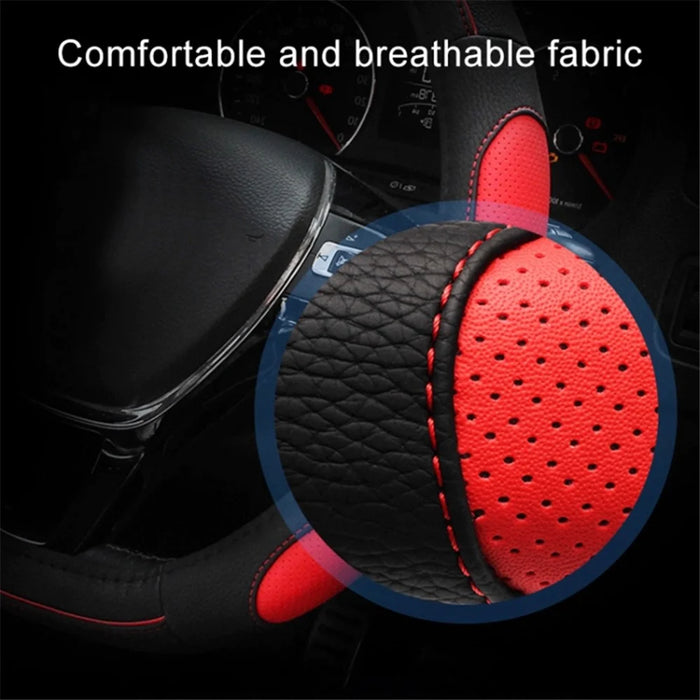 38cm Round Car Steering Wheel Cover Breathable Imitation Leather Steering Wheel Sleeve - Black+Red - 3