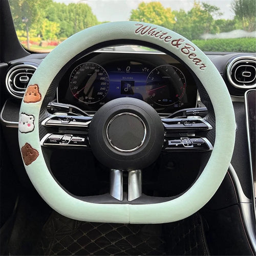 38cm D-shape Cartoon Bear Car Steering Wheel Cover Short Plush Warm Steering Wheel Sleeve - Green - 1